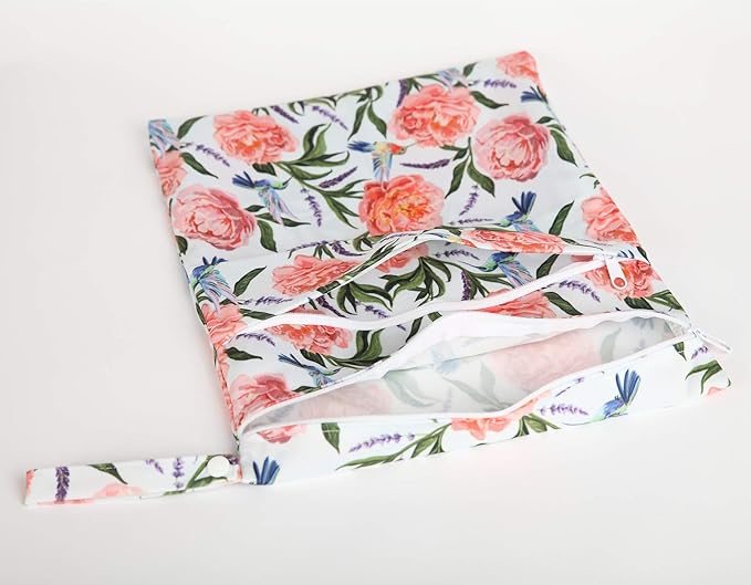 Wet Dry Bag Baby Cloth Diaper Nappy Bag Reusable Washable With Two Pockets Girls (Hummingbirds Floral)