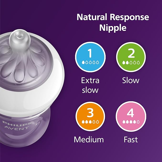 Philips Avent Natural Response Baby Gift Set - 3X 4oz Bottles with Slow Flow Nipple (Level 2), 2X 9oz Bottles with Medium Flow Nipple (Level 3), 2 Extra Nipples, 2X Soothie Pacifiers 0-3m, SCD838/02