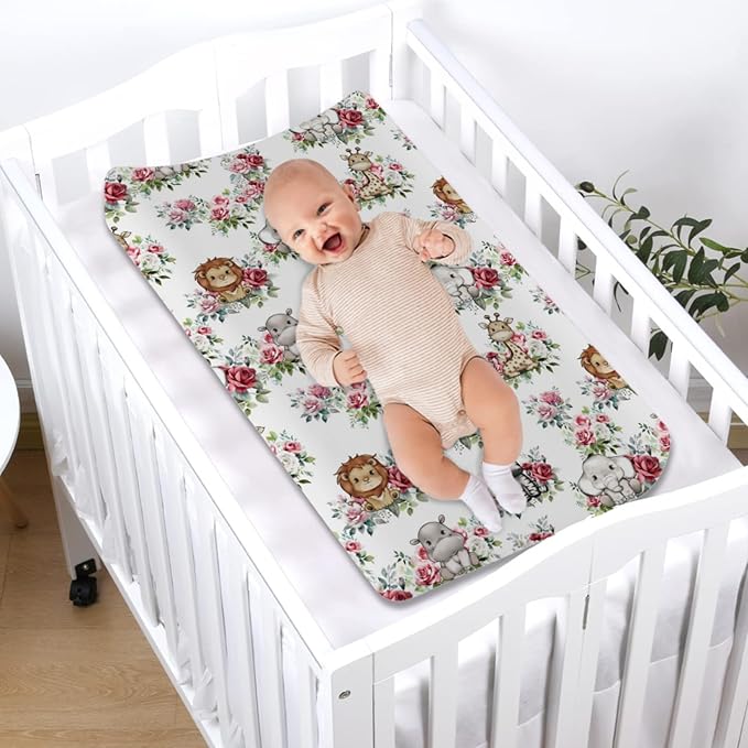 Baby Jungle Safari Animals Boho Floral Changing Pad Covers Elephant Giraffe Zebra Lion Hippo Roses Diaper Change Table Sheets for Girls Boys Soft Stretchy Snug Fitted Changing Mats Cover 32''x16''