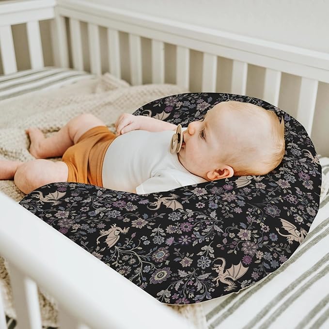 Fantasy Floral Dragons Baby Nursing Pillow Covers for Boy Girl Fairytale Dragon Gothic Black Purple Flowers Nursing Slipcovers for Breastfeeding Pillows Animal Soft Stretchy Cover for Newborn Infant