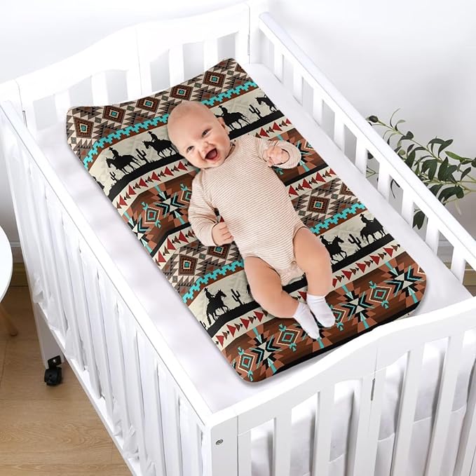 Tribal Horse Aztec Changing Pad Cover for Boys Soft Polyester Diaper Change Table Sheets Fit 32'' x 16'' Pad, Comfy Breathable Baby Changing Pad Covers