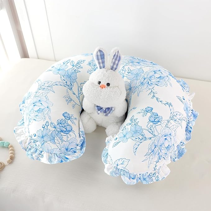DILIMI Nursing Pillow Cover, Removable Ruffled Pillowcase for Breastfeeding Pillows, Ultra Soft Comfortable Slipcover for Baby Girl and Boy, Blue Floral