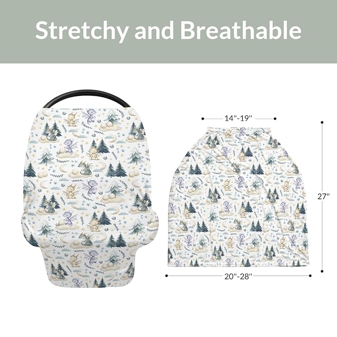 Fairytale Dragons Car Seat Cover for Babies Cute Dragon Moon Stars Clouds Trees Eggs Stretchy 5-in-1 Cover Adjustable Car Canopy Breastfeeding Cover Fantasy Animal Breathable Nursing Cover-Up