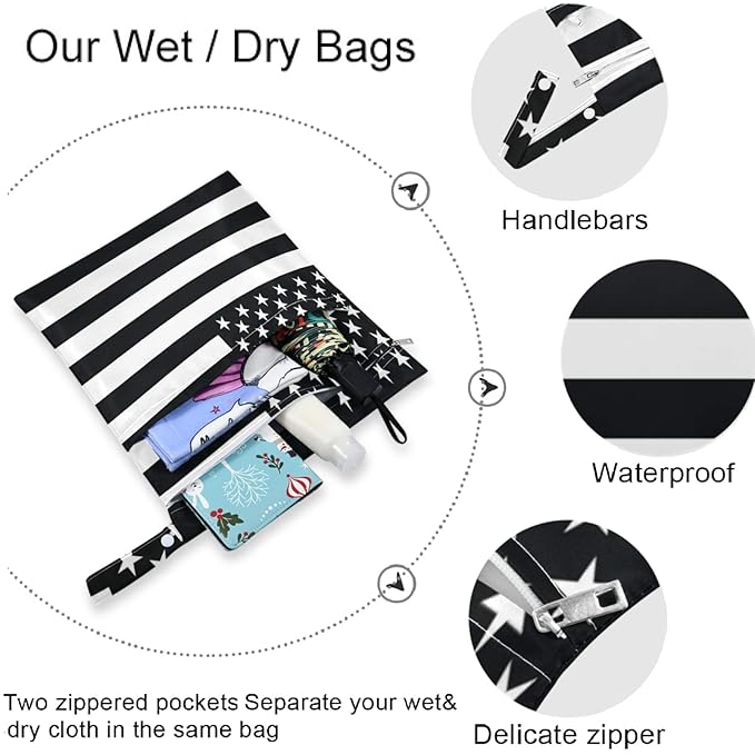 visesunny Black White American Flag 2Pcs Wet Bag with Zippered Pockets Washable Reusable Roomy for Travel,Beach,Pool,Daycare,Stroller,Diapers,Dirty Gym Clothes, Wet Swimsuits, Toiletries