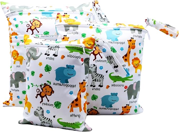 3pcs Cloth Diaper Wet Dry Bags Waterproof Reusable with Two Zippered Pockets Travel Beach Pool Daycare Soiled Baby Items Yoga Gym Bag for Swimsuits or Wet Clothes (3036-3-monkey)
