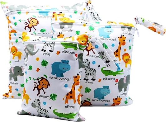 3pcs Cloth Diaper Wet Dry Bags Waterproof Reusable with Two Zippered Pockets Travel Beach Pool Daycare Soiled Baby Items Yoga Gym Bag for Swimsuits or Wet Clothes (3036-3-monkey)