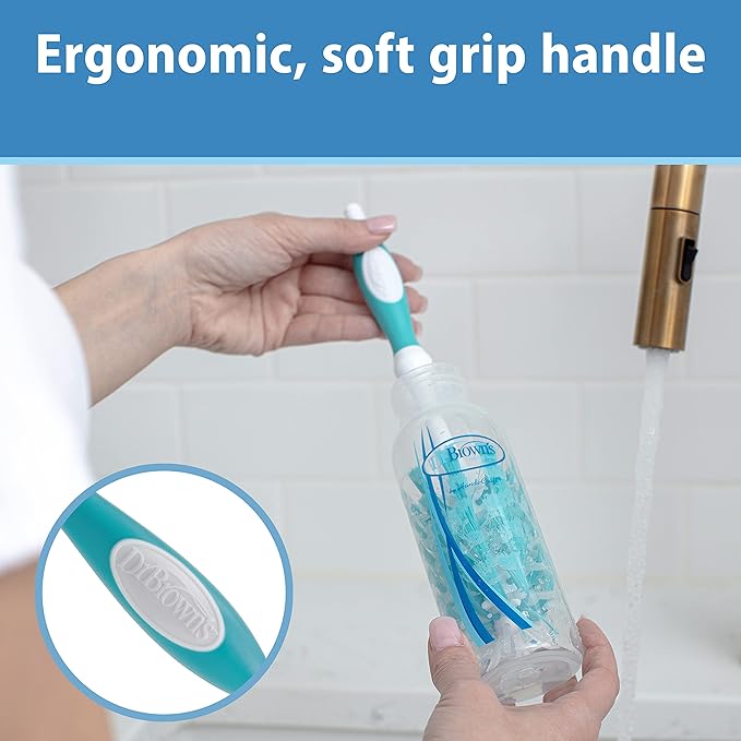 Dr. Brown's Deluxe Bottle Brush for Cleaning Baby Bottles, Nipples, and Sippy Cups with Suction Cup Stand and Vent Brush, BPA-Free, Blue, 3-Pack
