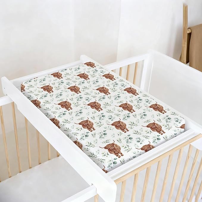 Changing Pad Cover for Baby Girls, 32"/34" x 16" Safe Snug Diaper Change Table Pad Covers, Soft Stretchy Changing Pad Sheets Highland Cow Eucalyptus Leaves Theme Nursery Decor