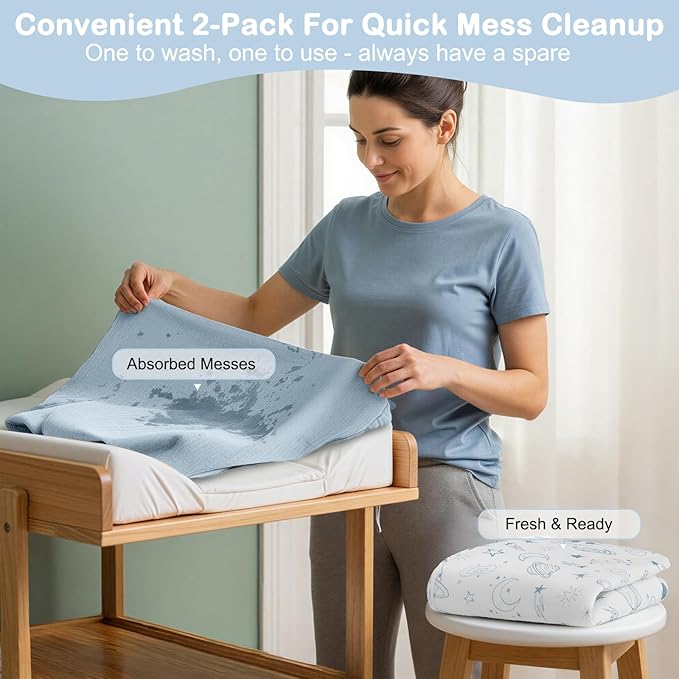 Basumee Muslin Changing Pad Cover Waterproof 2 Pack Baby Changing Table Covers for Boys and Girls Soft Breathable Nursery Diaper Change Table Cover Pad Fits 32"x16", Blue Planet