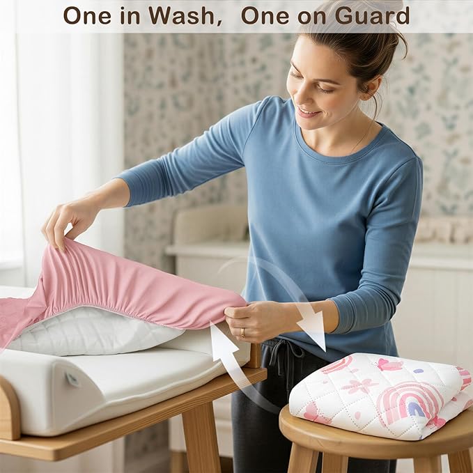 FIOBEE Changing Pad Cover Waterproof 2 Pack Quilted Diaper Change Table Sheets Breathable & Ultra Soft for Newborn Baby Boys Girls Fitted Changer Pads 32"x 16", Pink & White Rainbow