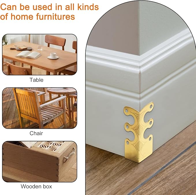 6Pcs Skiffers Baseboard Corner Protectors, Rustic Vintage Metal Corner Guard, Decorative Baseboard Shield, Brass Skirting Board Protection, Antique Bronze Furniture Edge Protector (Gold)