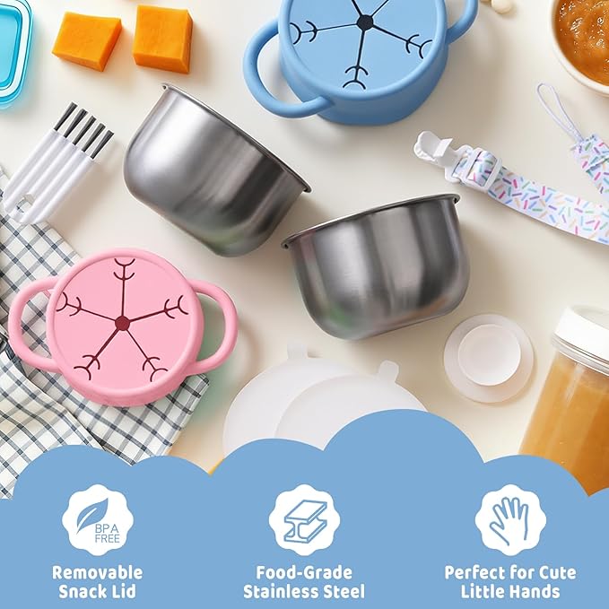 Qtencas 2 Pack Stainless Steel Snack Containers for Toddlers with Spill-Proof Silicone Lids and Handles, Food Grade Snack Cups for Toddlers Kid（Pink and Blue）