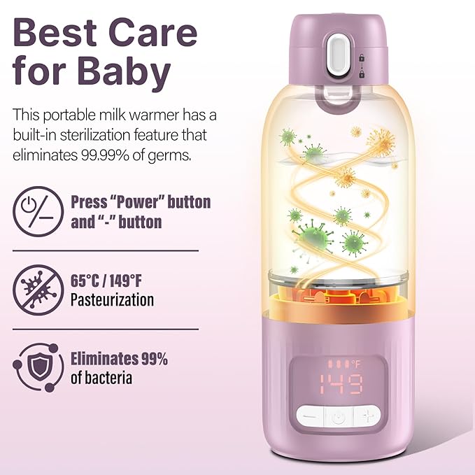 Portable Bottle Warmer for Travel,Fast Heating Milk Warmer On The Go,17 OZ Water Warmer for Breast Milk, Formula,Water,Temp Control 98°F -212°F,Baby Essentials for Outdoor Airplane Car Journey