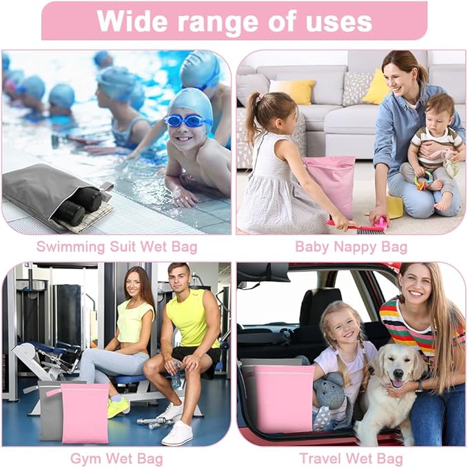 2PCS Wet Bags, Reusable Cloth Diaper Bags with Handle and Zipper, Lightweight Waterproof Travel Laundry Bag, Washable Wet Dry Bag for Baby Items Travel Beach Swimming Gym Camping(Grey&Pink)