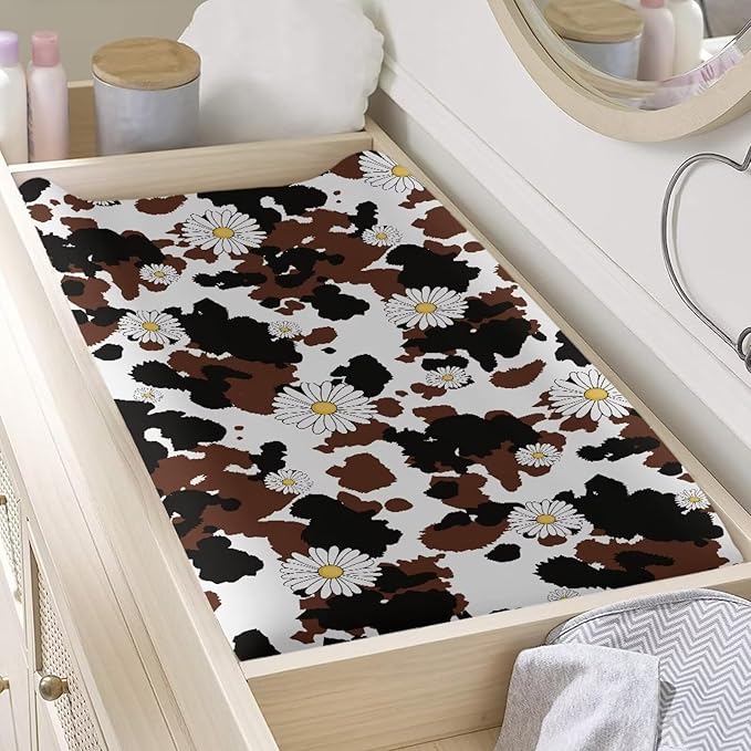 Daisy Cowhide Changing Pad Cover for Baby Diaper Change Table Covers Soft Stretchy Unisex Diaper Change Table Sheets 32x16 Inch Cradle Mattress Sheets