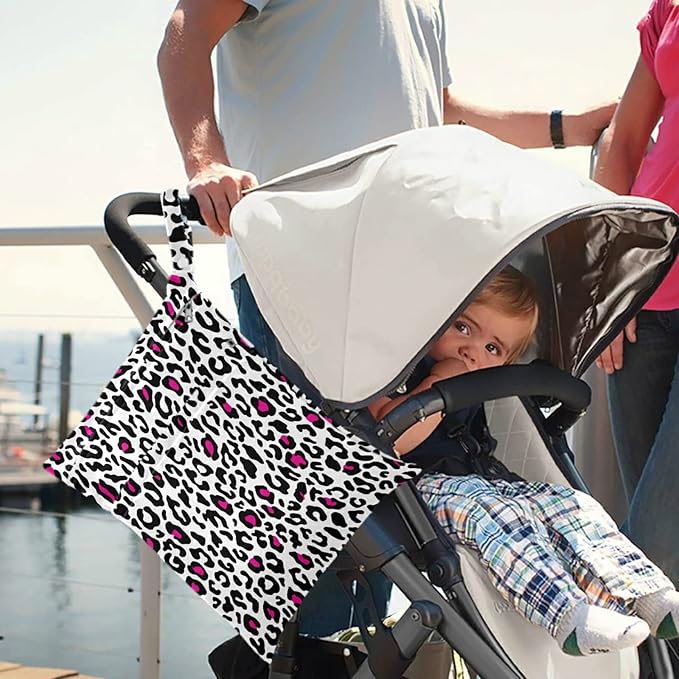visesunny Pink Leopard Cheetah Spots Animal Print 2Pcs Diaper Changing Totes Wet Bags with Zippered Pockets Washable Reusable Roomy Cloth Diaper for Travel,Beach,Daycare,Stroller,Dirty Gym Clothes,Wet