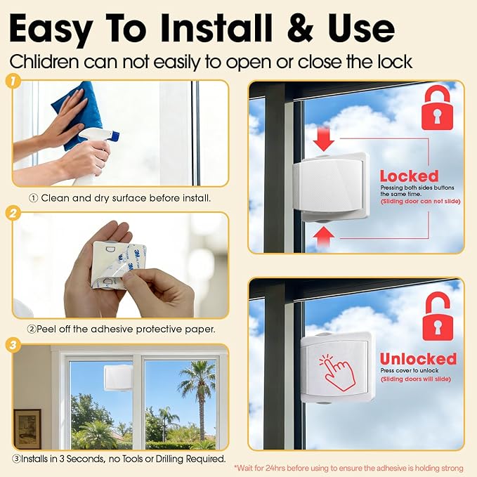 Sliding Door Lock Child Security: 2-Pack for Glass/Patio Doors, Windows & Closets, 3-Second No-Tools Installation, Durable Childproof Safety Lock for Lasting Protection - Baby to Kid Safety Age 0-4