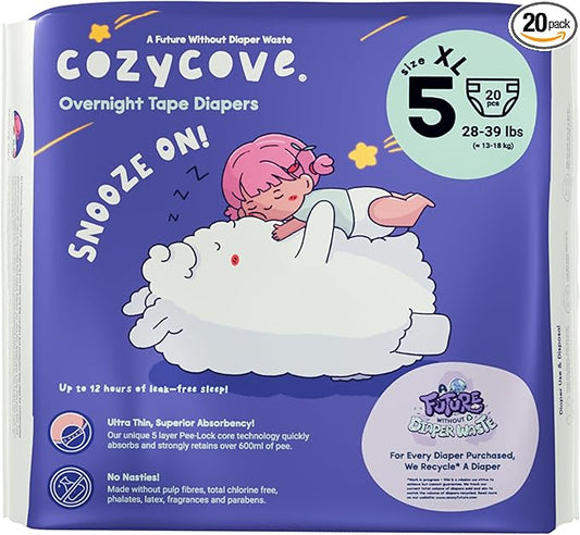 Cozycove Size 5 XL (28-39 lbs) Diapers, 20 Count, Totally Chlorine Free, Skin-Friendly Material | Snooze On Slim Overnight Tape Disposable Diapers | 1 Bag of 20