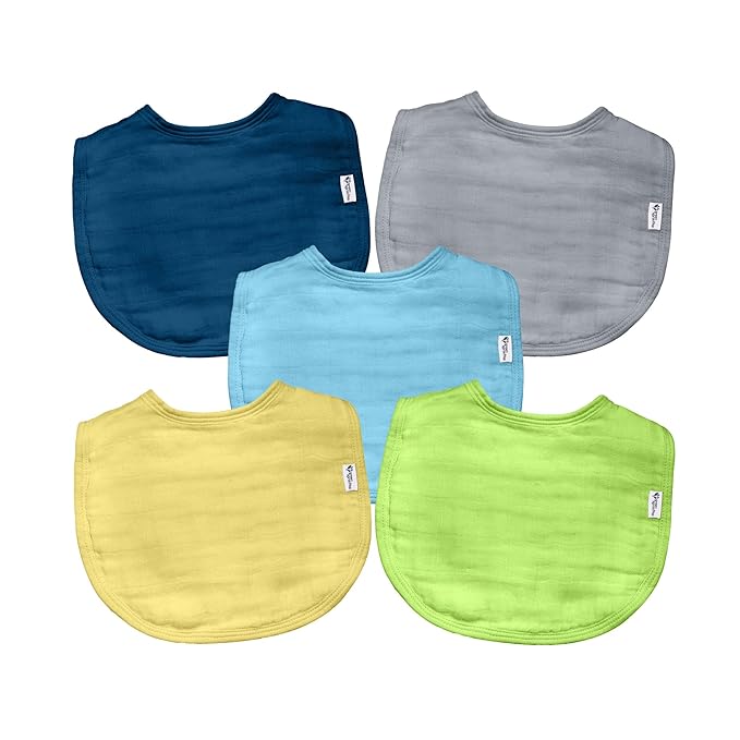 green sprouts Muslin Bibs made from Organic Cotton (5 pack)| 4 absorbent layers protect from sniffles, drips, & drools | 100% Organic cotton muslin, Adjustable snap closure, Machine washable