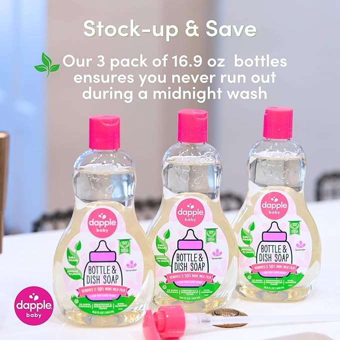 Dapple Baby Lavender Baby Bottle & Dish Soap - (3 Pack) 16.9 fl oz - Plant-Powered Dish Soap for Bottles, Pump Parts, and Sippy Cups - Includes 1 Pump
