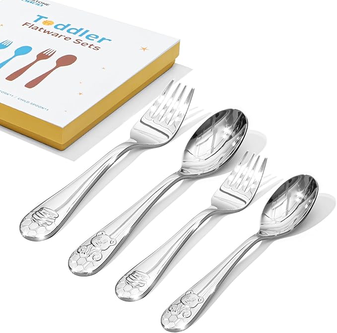 KINGSTONE Toddler Utensils Gift Set, 4-Piece Forks & Spoons, Small & Large, 18/10 Stainless Steel, Ergonomic Flatware for Toddlers & Kids, Self-Feeding, Honey Bear Print