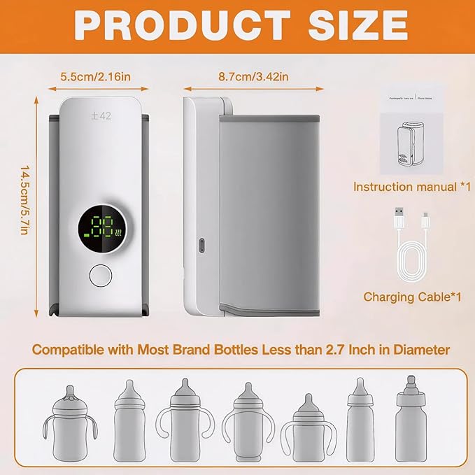 Portable Baby Bottle Warmer for Travel, Fast Heating & Precise Temp Control, Cordless Rechargeable Milk Warmer with LED Display, Waterless & Even Warming for Breastmilk On The Go