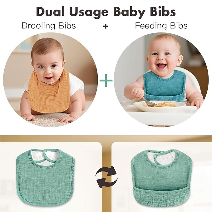 Drool Bibs for Baby Boys & Girls, 8 Pack Muslin Baby Bibs for Drooling and Teething with Hidden Pocket, Soft Cotton, Extra Absorbent, Mess-proof, for Toddler, Newborn, Infant
