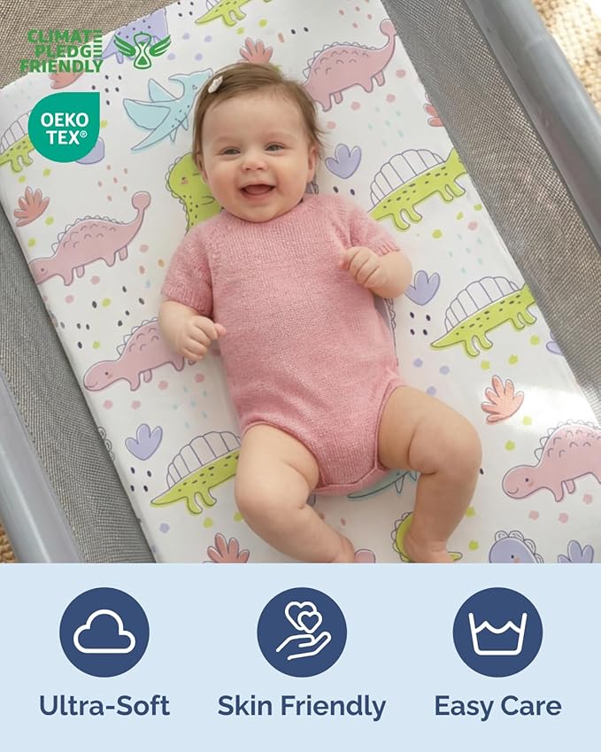 Pack and Play Sheets Fitted - 2 Pack Mini Crib Sheets for Pack N Play Mattress - Unisex Playard Microfiber Bedding for Boys & Girls - Soft, Breathable and Wrinkle Free - Oeko-Tex, 38 x 26in - Dinos