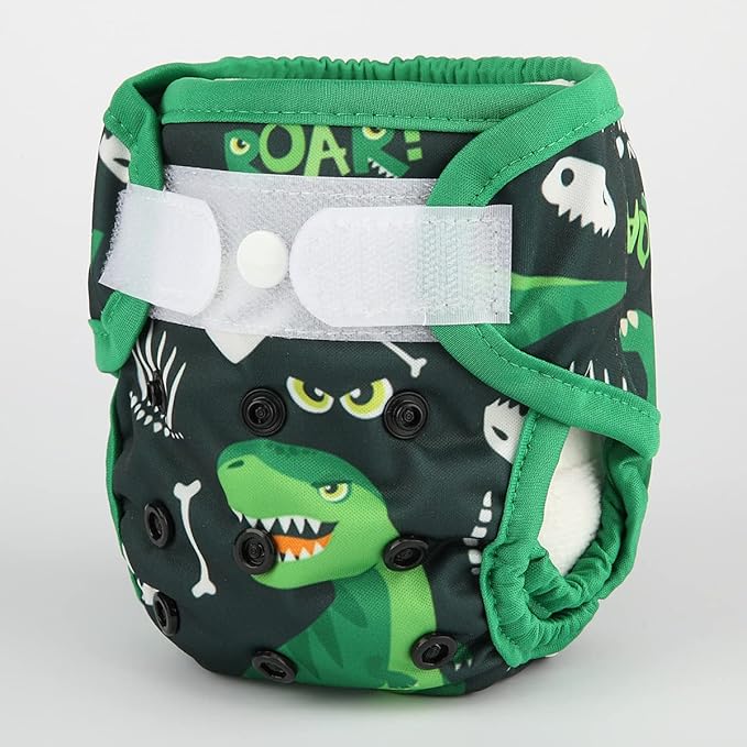 Newborn Baby Cloth Diaper Cover Nappy Hook and Loop (Green Dinosaurs)