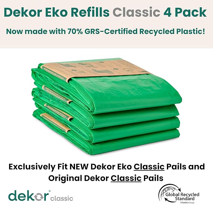 Diaper Dekor CLASSIC Diaper Pail Refills | 4 Count Unscented | Exclusive End-of-Liner Marking | Thick Quick & Easy to Replace | Most Economical Refill System | for Original and Eko Style Pails