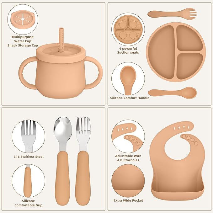 27 Pack Silicone Baby Feeding Set, Hepotk BPA-Free Food Grade Baby Feeding Essentials Utensils, Second Stage Baby Food Eating Utensils, Set of 3 babies(Brown, Blue, Green)