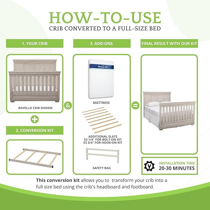 CC KITS Full-Size Conversion Kit Bed Rails Compatible with Simmons Kids Convertible Cribs by Delta Children - Solid Wood Rail - Toddler and Adult Bed Rail for Full-Size (Antique White, Bolt-ON KIT)