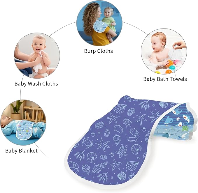 4pcs Baby Burp Cloths for Boys Girls Parent,100% Cotton Ocean Shark Collection Muslin Burping Cloths for Spitting Up,Newborn Infant (Blue Ocean Whale, 4PC)