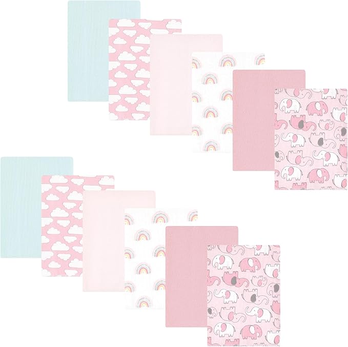 Hudson Baby Unisex Baby Cotton Flannel Burp Cloths Bundle, Girl New Elephant, One Size