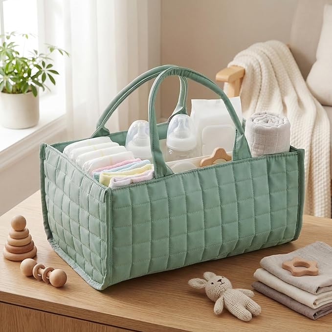 Huhumy Checkered Baby Diaper Caddy, Puffy Nursery Storage Organizer for Diapers & Babies Wipes, Large Quilted Tote Bag for Newborn Essentials Boy or Girl, Gift for Baby Shower Registry (Sage Green)