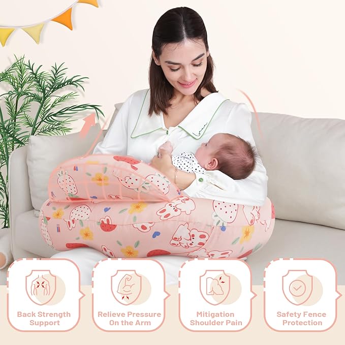 AMASKY Nursing Pillow for Breastfeeding, Animal Patterns Removable Cotton Cover, Machine Washable, Strawberry Pattern (Candy Pink), Pallet of Product