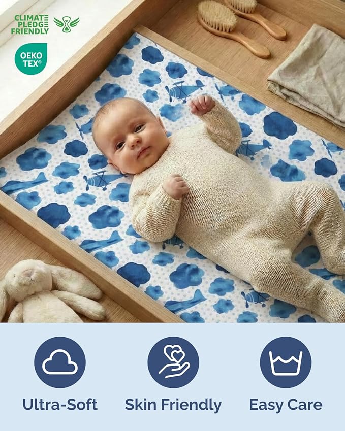 Changing Pad Cover - Pack of 2 Soft Unisex Diaper Change Microfiber Table Sheets - Fits 32"x16" Contoured Pad - Changing Pad Cover for Baby Boys & Girls - Snug, Machine Washable - Oeko-Tex, Plane Sky