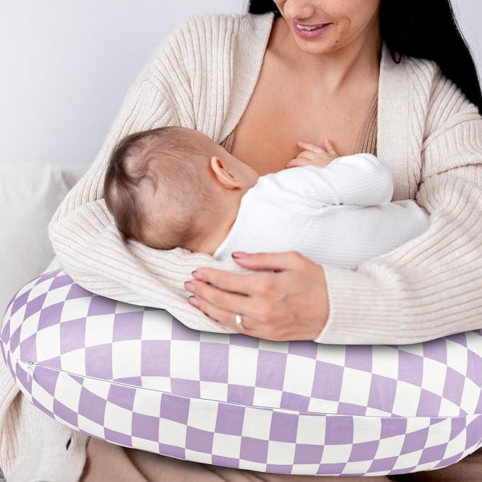 DILIMI Nursing Pillow Cover, Stretchy Removable Case for Breastfeeding Pillows, Ultra Soft Comfortable Slipcover for Baby Girl and Boy, Purple Checkered