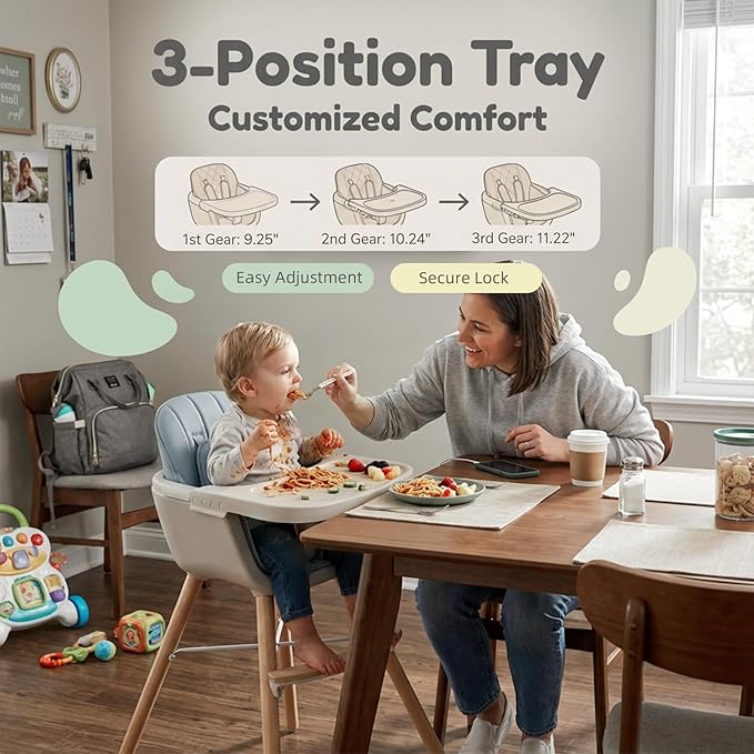 Mallify 3-in-1 Wooden High Chair, Convertible High Chairs for Babies and Toddlers, Baby Highchair with Adjustable Legs & Dishwasher-Safe Tray, Sleek Hardwood & Premium PU Cushion, Blue