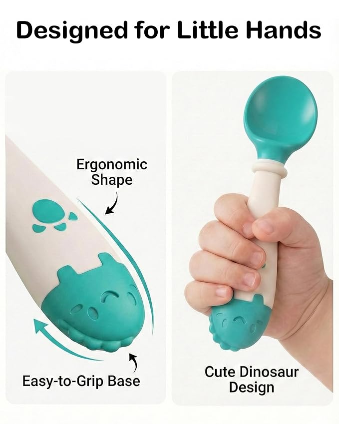 Deejoy Toddler Utensils, Self-feeding Flatware Set withTravel Case, Baby Spoons and Forks with Silicone Bendable Handle, Easy Grip Heat-Resistant, Ideal for Kids, Stage 2, 2 Sets Green&Pink