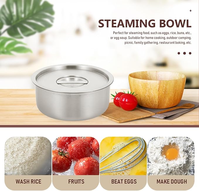 Cabilock Stainless Steel Baby Food Bowl with Lid 4.72 Inch Portable Steamed Egg Soup Container Supplementary Feeding Bowl for Home Cooking Picnic Camping