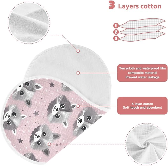 2Pcs Cute Raccoon Burp Cloth,Unisex Large Absorbent Soft Cotton Muslin Burping Cloths for Newborn Boys Girls,11x22in,A111703