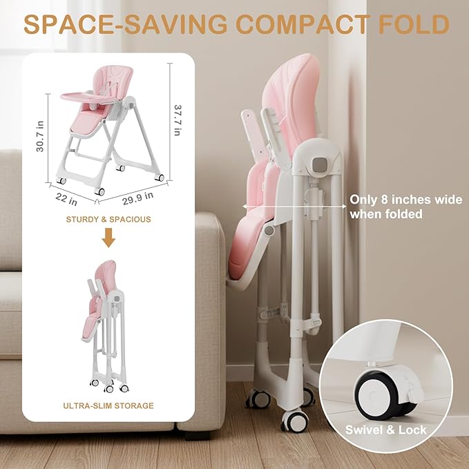3-in-1 High Chairs for Babies and Toddlers, Foldable Baby High Chair with Rocking Mode, 5 Height Levels, Adjustable Backrest & Footrest, Lockable Wheels (Pink)