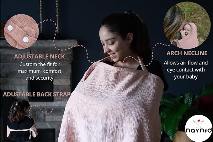 Nursing Cover – 100% Cotton Muslin, Snap Buttons, Rigid Neckline, Lightweight, Breathable, with Carry Pouch