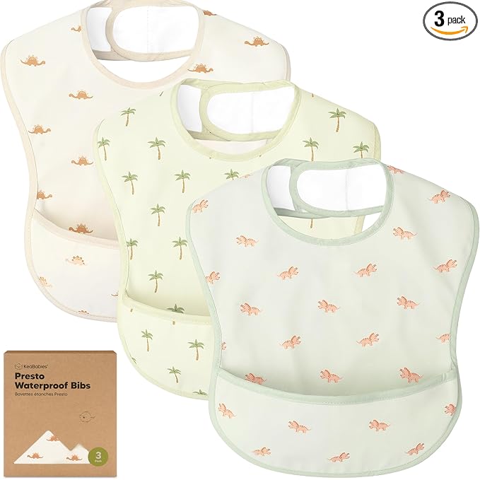 KeaBabies 3-Pack Waterproof Baby Bibs for Eating - Lightweight Toddler Feeding Bibs with Large Food Catcher, Mess Proof, Food-Grade Baby Eating Essentials, Easy to Put On & Clean (Roarsome)