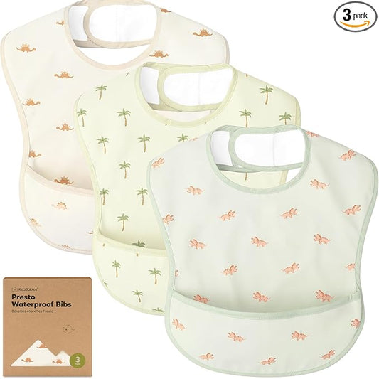 KeaBabies 3-Pack Waterproof Baby Bibs for Eating - Lightweight Toddler Feeding Bibs with Large Food Catcher, Mess Proof, Food-Grade Baby Eating Essentials, Easy to Put On & Clean (Roarsome)