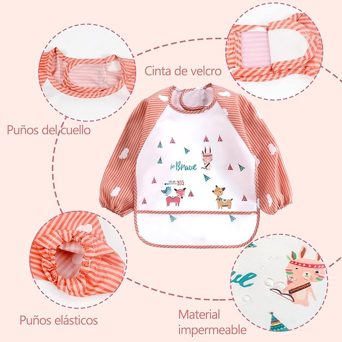 Waterproof Baby Bibs, 3 Pieces Bib with Sleeves EVA Long Sleeve Bib Boys Girls 6-36 Months, Waterproof Baby Bibs for Eating, Drinking, and Playing