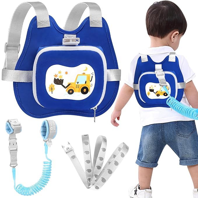Accmor Toddler Harness Leash, Baby Leash + Anti Lost Wrist Link, Walking Harness Leashes for Kids Cute Excavator Tether Wristband Assistant Strap Belt for Outdoor Travel (Blue)
