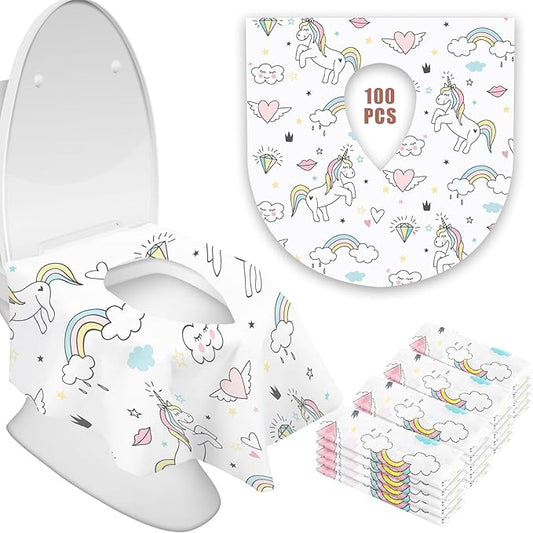 100 Pieces Toilet Seat Covers Disposable For Kids Toddler Flushable Toilet Covers Travel Pack Waterproof Potty Training Liner Pads Extra Large Foldable Toilet Covers for Baby and Adults (Unicorn)