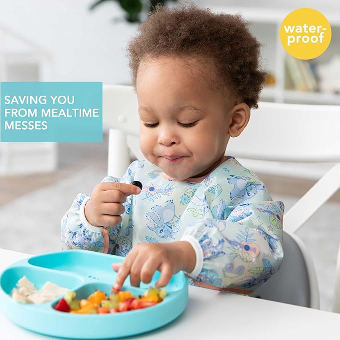 Bumkins Disney Stitch Sleeved Baby Bib – Long Sleeve Waterproof Fabric Feeding Smock with Crumb Catcher Pocket, Adjustable Toddler Apron for Baby Led Weaning, Comfortable for Ages 6–24 Months, 2-pack